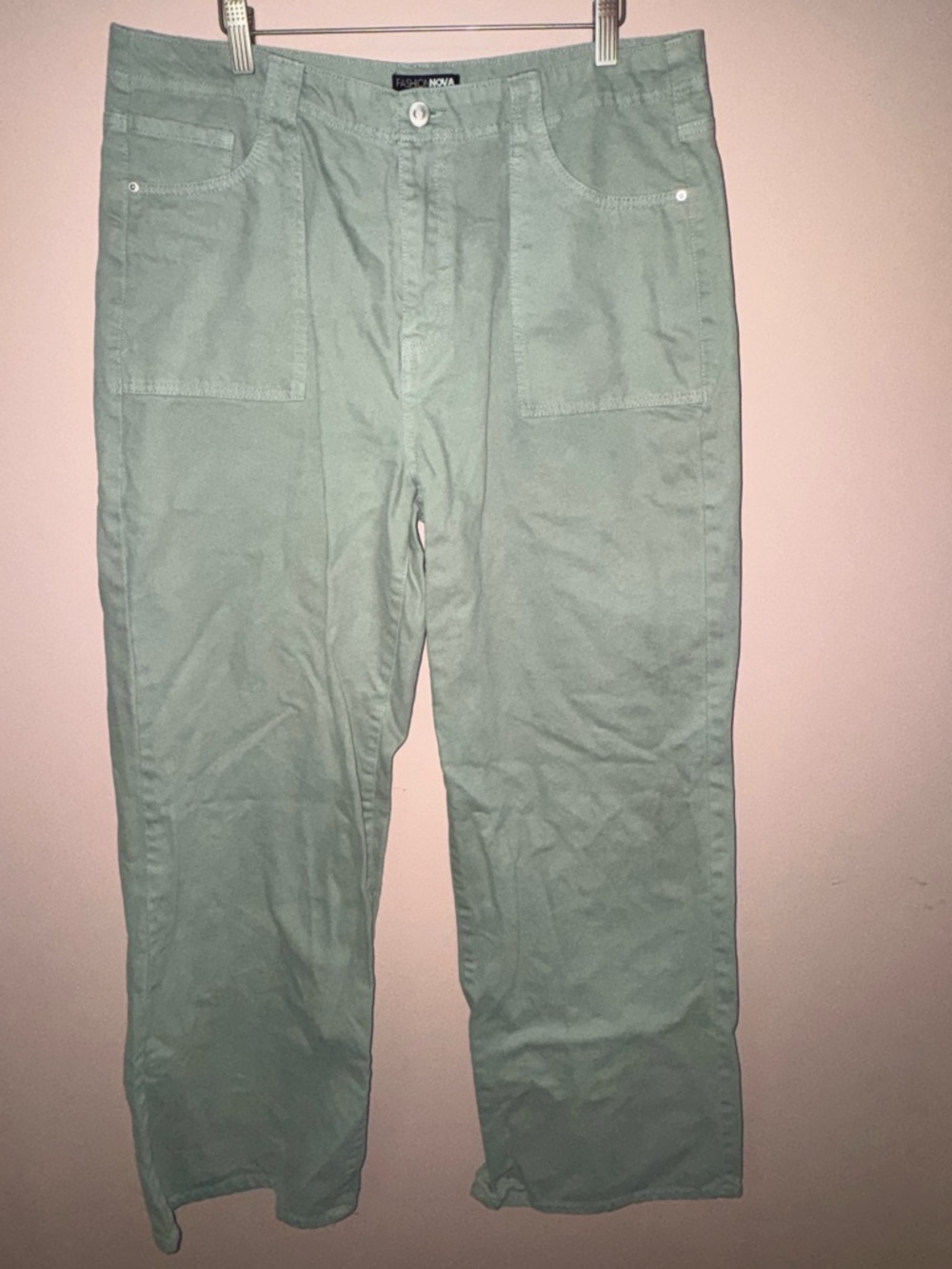 Fashion Nova High Rise Green Utility Wide Leg Denim Pants Juniors Womens Size 13